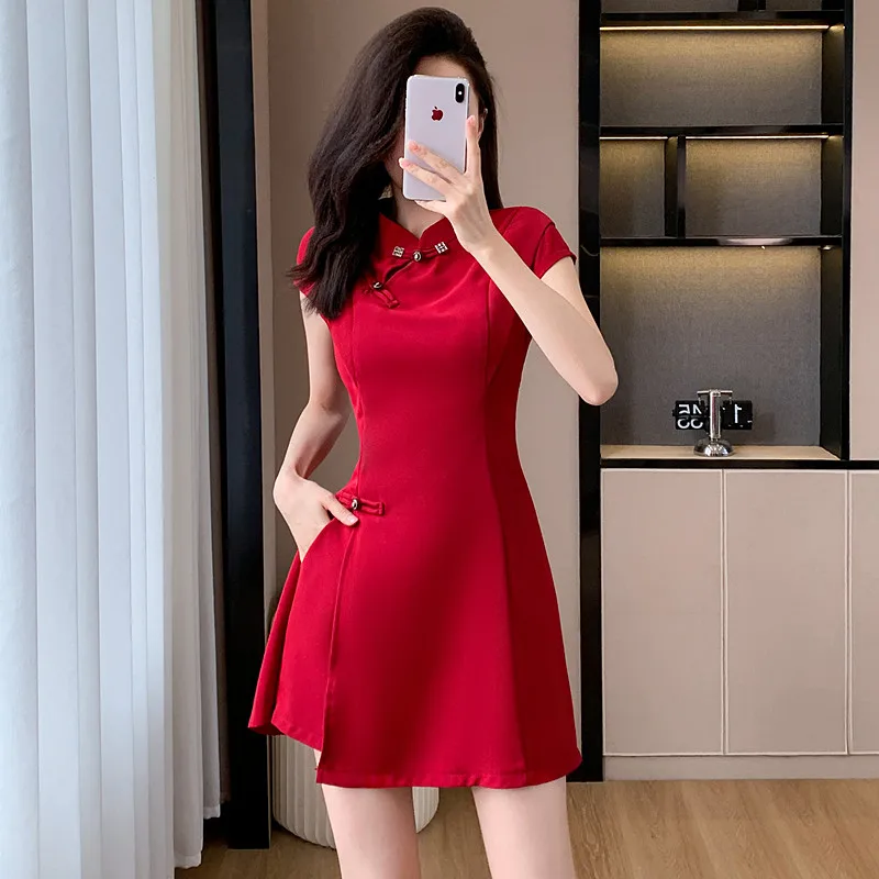 

2024 New Women Chinese Style Two-Pieces Set Red Black Medium Length Tops Dress and Wide Leg Shorts Set Summer