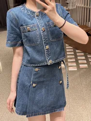 Women Denim Set A-Line High Waist Mini Skirt or Single Breasted O-Neck Short Sleeve Jacket