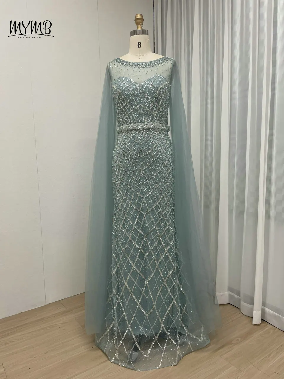 MYMB Luxury Blue Mermaid Cape Sleeves Dubai Formal Women Party Gowns for Special Events Exclusive O Neck Beaded Evening Dresses