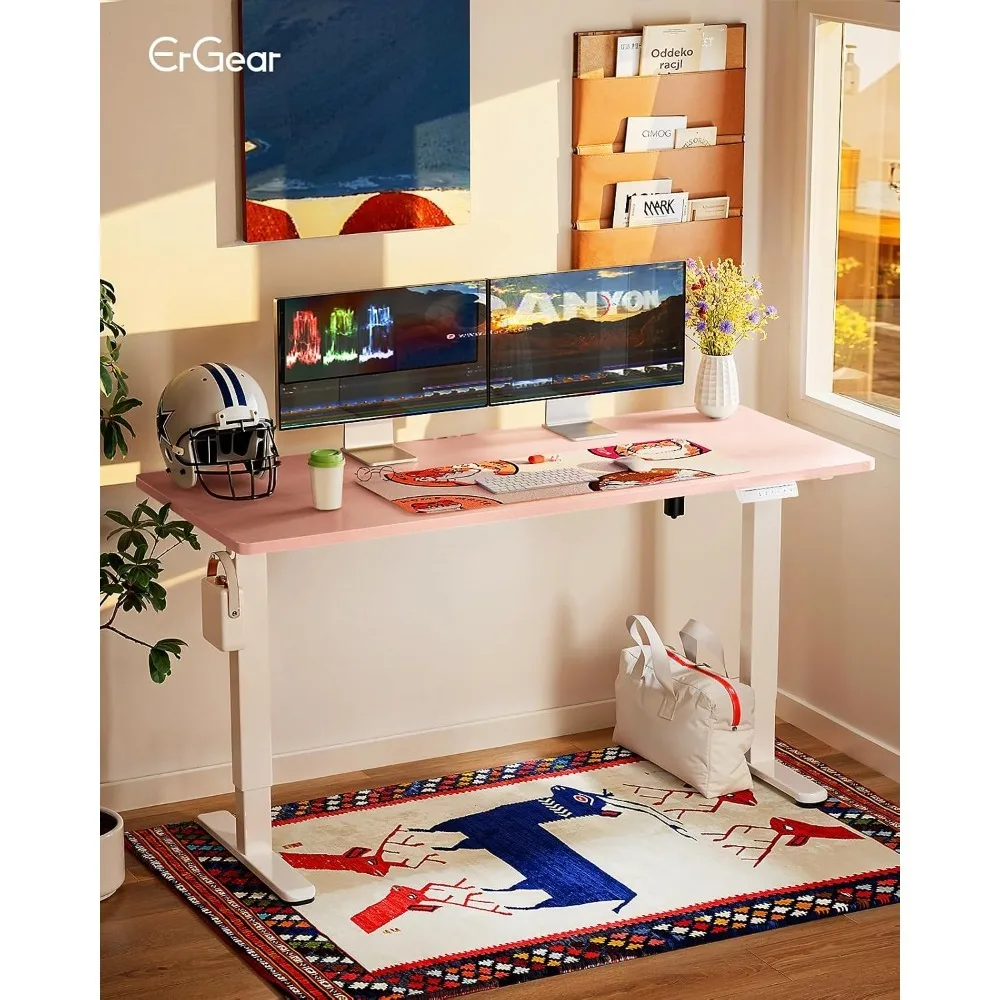 Height Adjustable Electric Standing Desk, 55 x 28 Inches Sit Stand up Desk, Memory Computer Home Office Desk, Pink