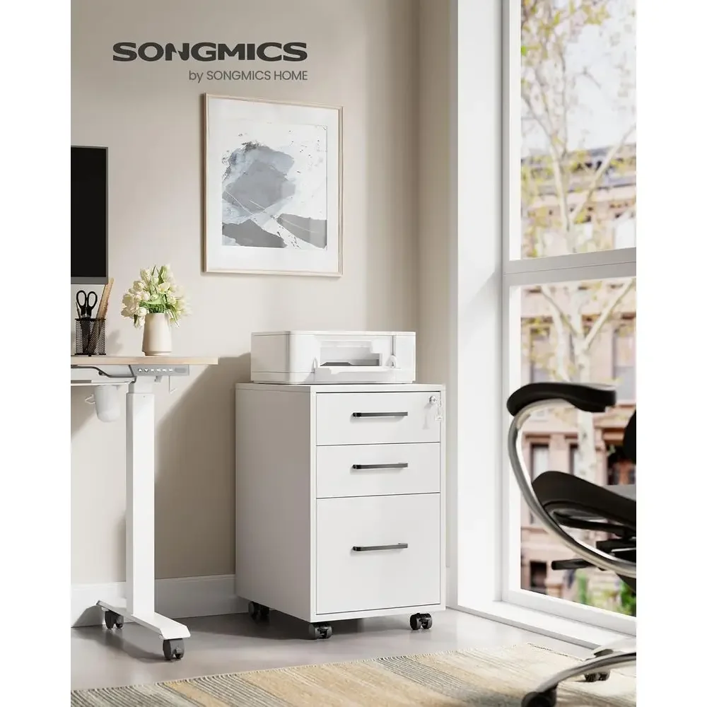 Pre-Assembled Office File Cabinet with Lock, Matte White and Black, Holds A4, Legal, Letter Size Docs, 17.7 x 14.4 x 23.6 Inches