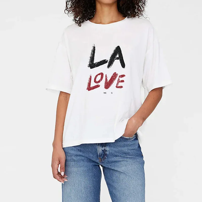 

Summer North American niche letter AB printed cotton beige round neck women's short sleeved T-shirt