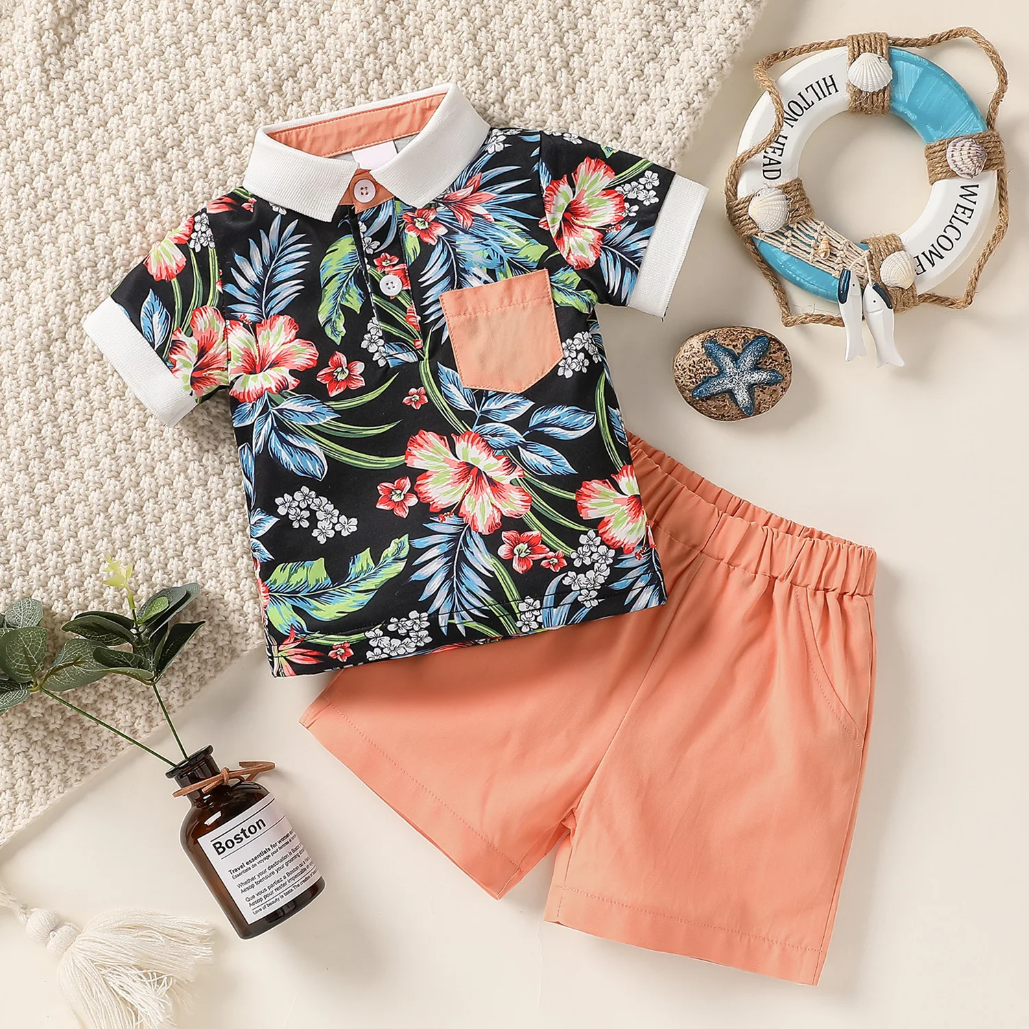 

PatPat 2pcs Baby Boy Floral Print Short-sleeve Polo Shirt and Solid Shorts Set