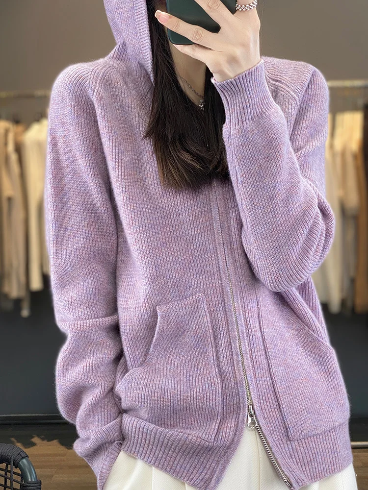 2024 Autumn Winter Women Sweater Merino Wool Hooded Knitwear Korean Style Solid Cardigan Classic Long Sleeve Cashmere Clothing