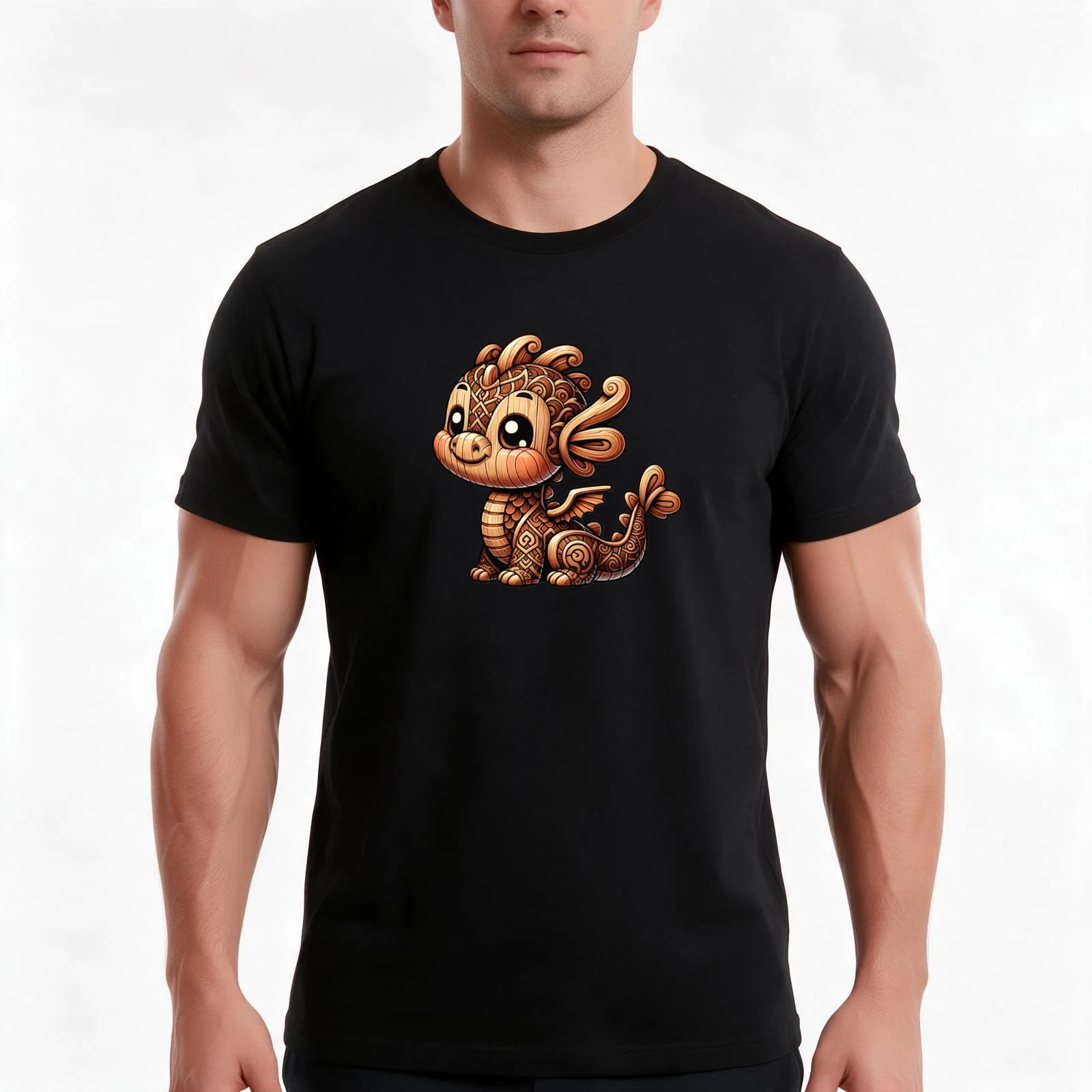 Enchanted Carvings: Baby Wooden Dragon Illustration T-Shirt, Summer Casual Cotton Tee, Oversized Streetwear Tops, 100% Cotton