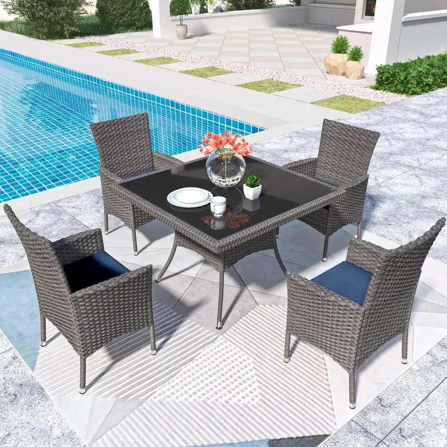 

Комплект уличной мебели для обеда, плетеный комплект для бесед на террасе из 4 стульев, обеденный стол и стулья для патио с подушками, квадратный стеклянный стол