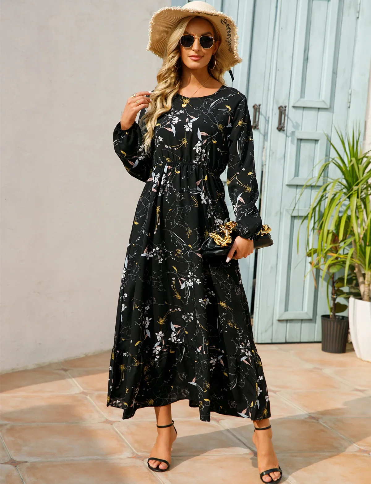 Women Eid Muslim Dresses Tight Waist O Neck Ruffles Spliced Casual Vestidos Flowers Dress Dubai Kaftan Islam Morocco Arab