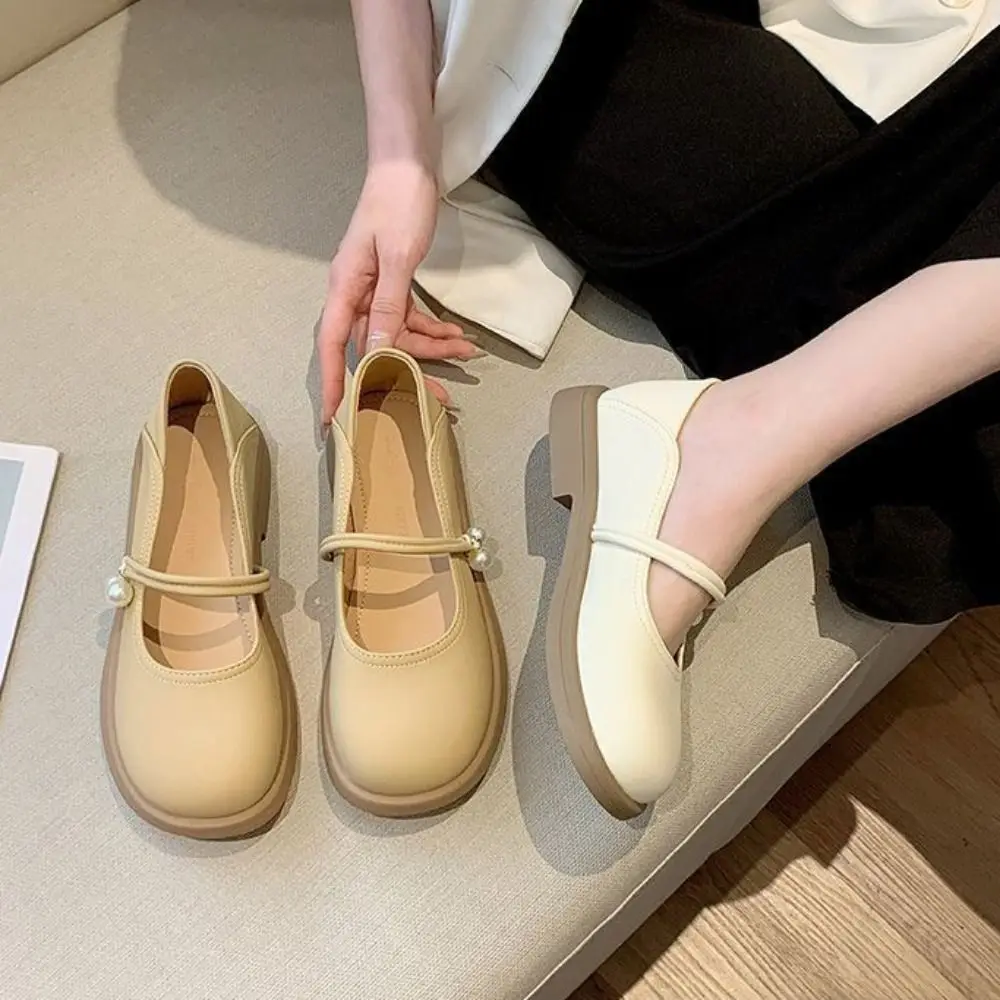 

Korean Pearl Mary Jane Shoes PU Leather Anti-slip Sandals Footwear British French Style Streetwear Round Toe Flat Shoes Women