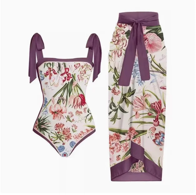Traje de baño de una pieza europeo y americano Conjunto de falda de playa con falda envuelta para mujer