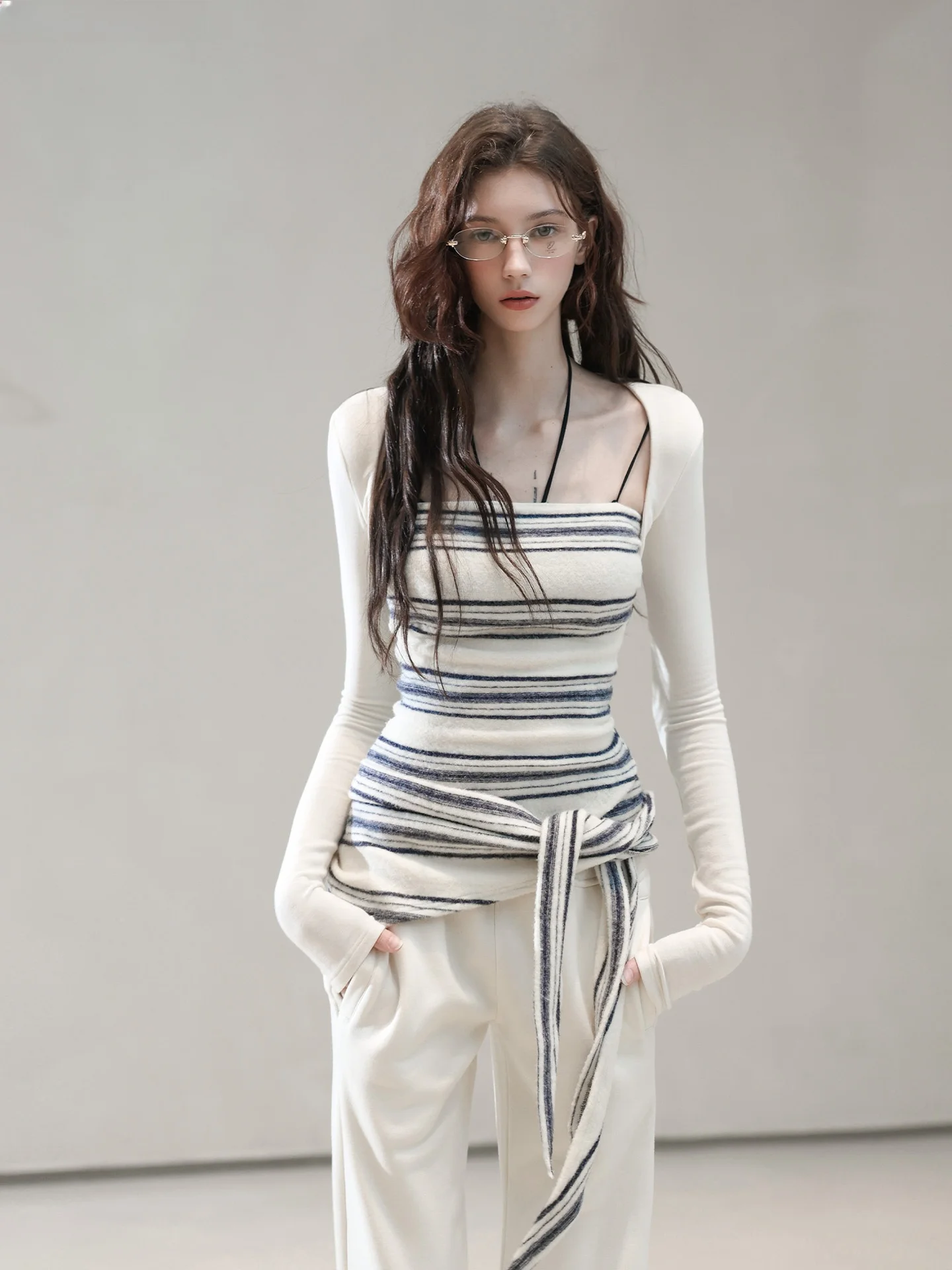 

Теплый спортивный комплект Thiened: топ в полоску и брюки, длинный рукав, зимний женский облегающий костюм