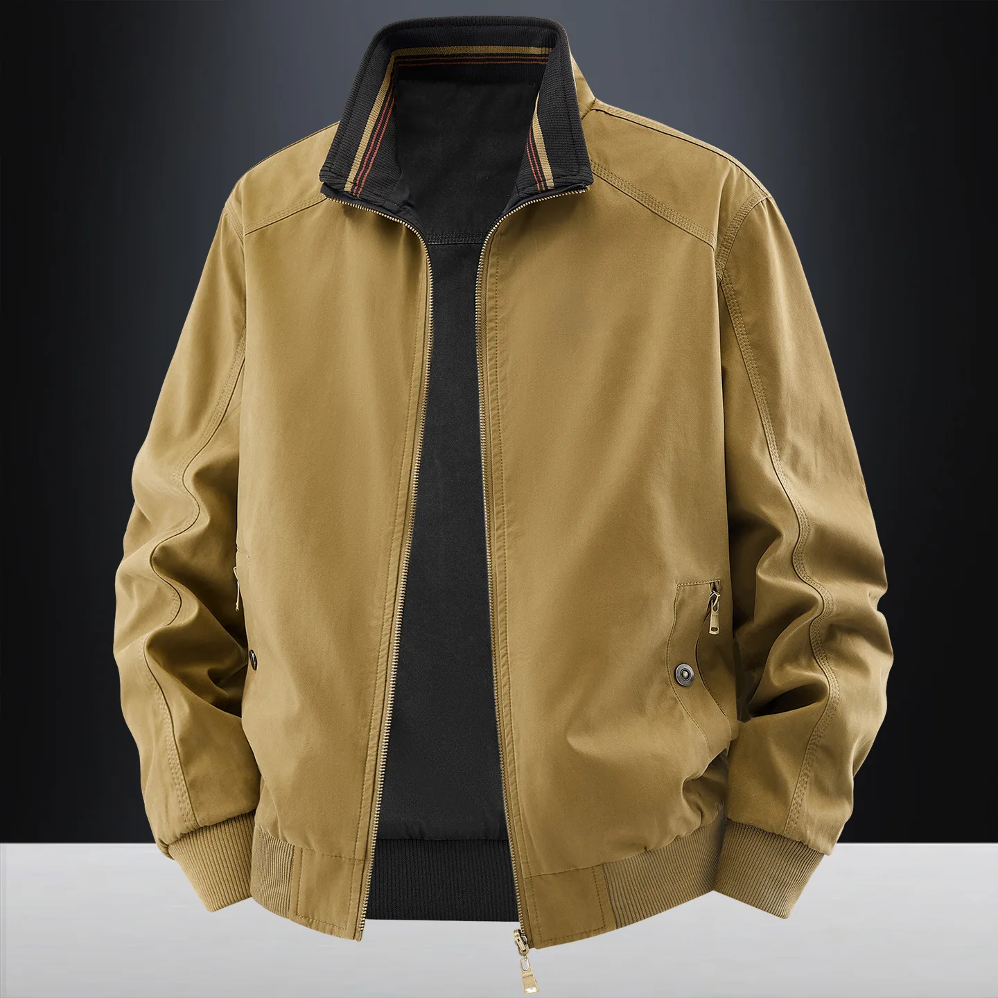 Men's Double-Sided Wearable Large Size Jacket Stand-Up Collar Cotton Fabric Casual Spring-Autumn Style