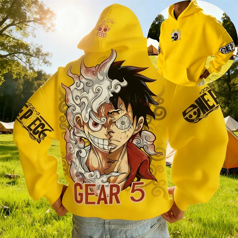 One Piece Anime Luffy Gear Fifth Transformation Cotton Hoodie Pink Character Print Casual Streetwear Long Sleeve Pullover Unisex