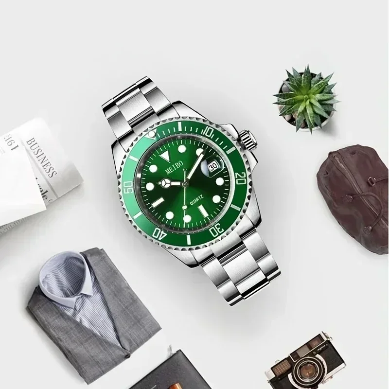 1pc Luxury Men Silver Stainless Steel Water Proof Automatic Luminous Rotatable Bezel Mens Watches