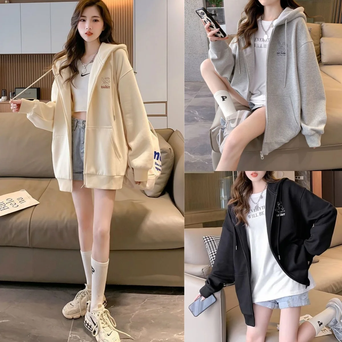 2024 spring, autumn and winter new lazy wind loose long-sleeved top embroidered pattern hooded sweater girls cardigan jacket