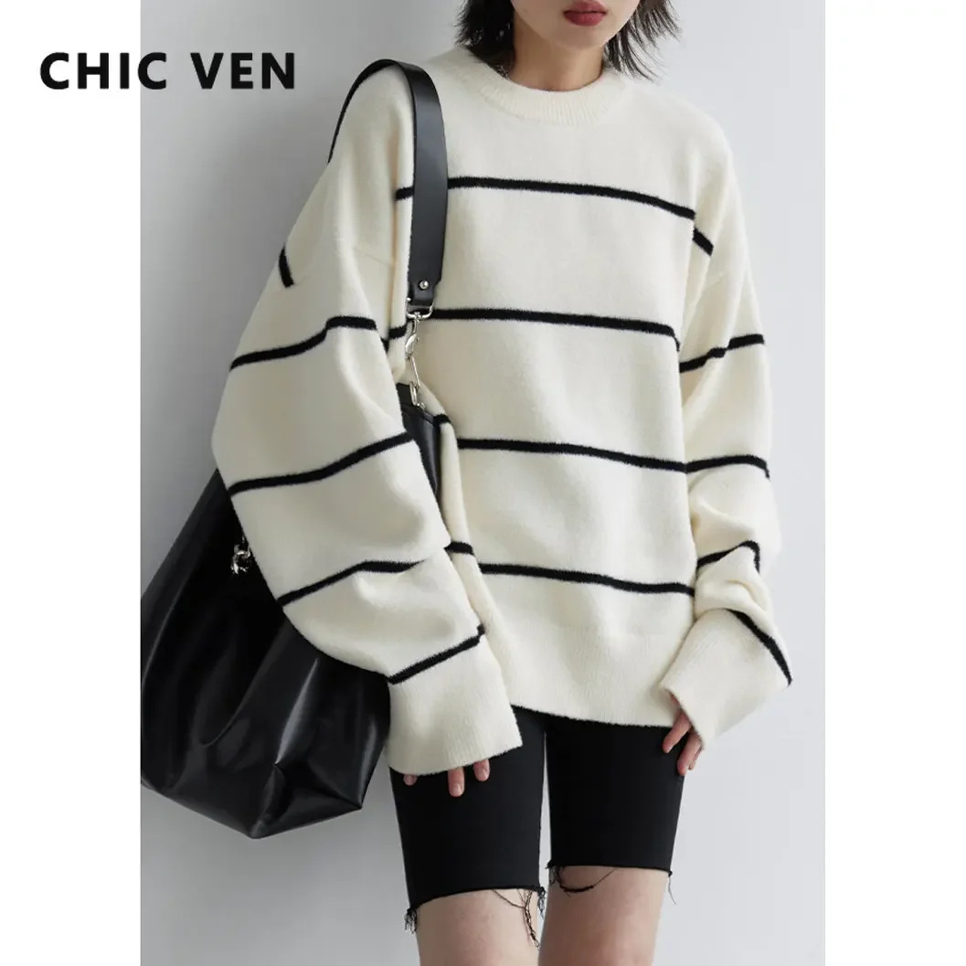 CHIC VEN Women\'s Sweaters Korean Casual Soft Stripe Knitted Jumpers for Woman O Neck Female Pullovers Ladies Coat Spring Autumn