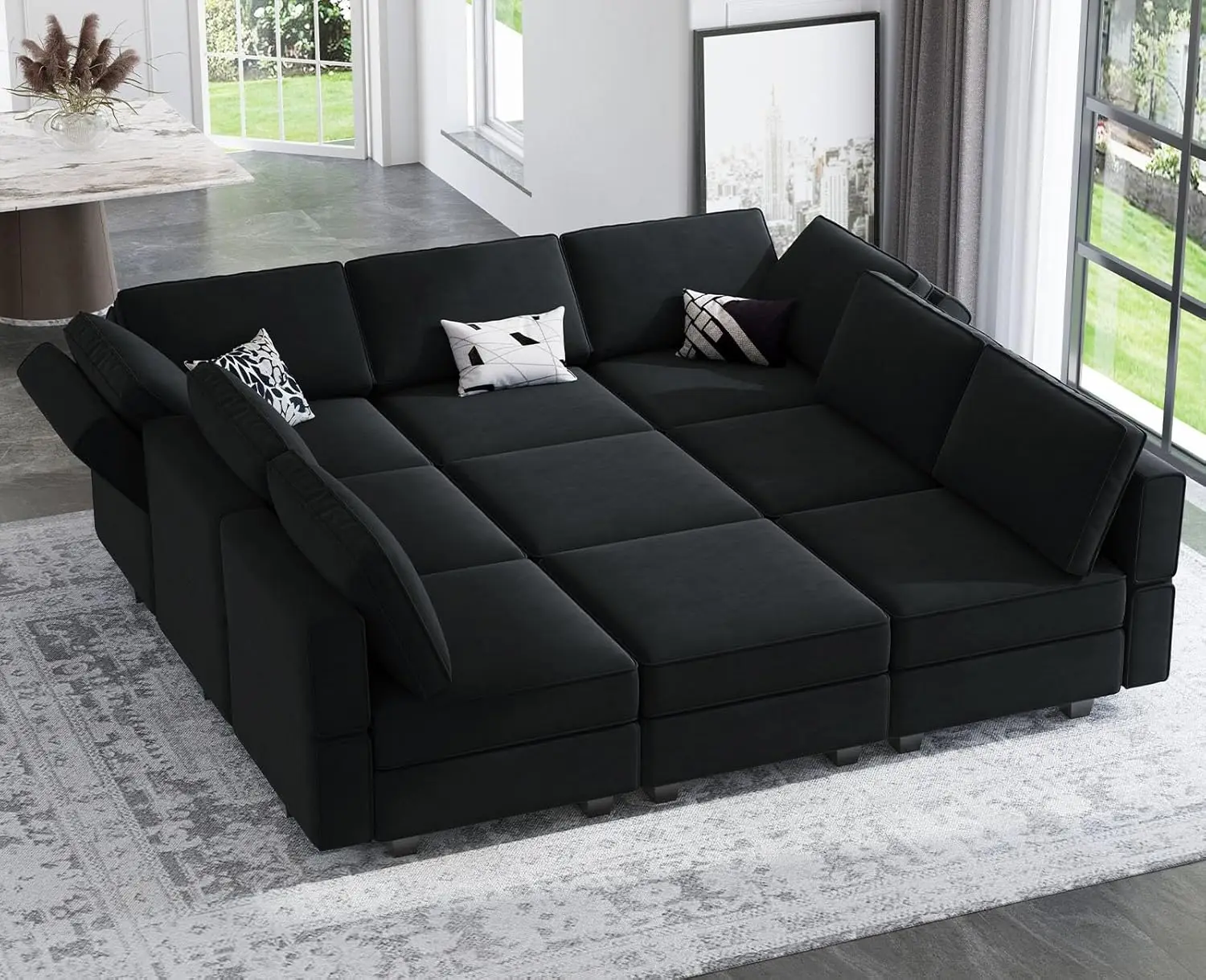 Modular Sectional Sofa with Ottomans Velvet Reversible Sleeper Chaise Bed Storage Seat Black