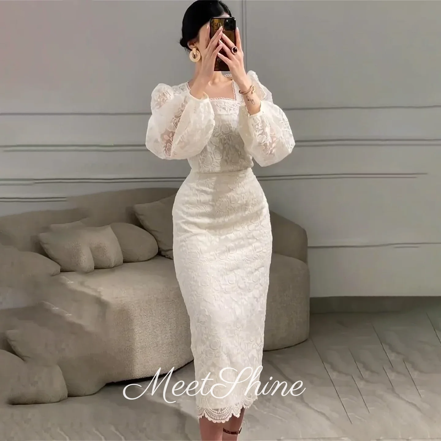 

Luxury Square Collar White Long Lantern Sleeves Lace Prom Dresses Elegant Mermaid Ankle Length Evening Dresses Customized