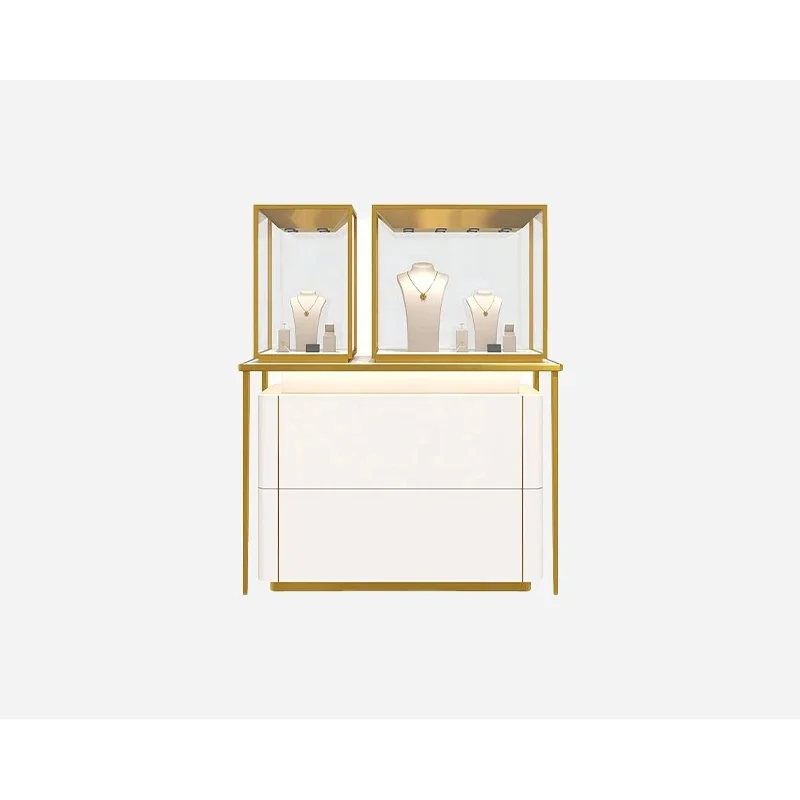 custom.Modern Luxury Jewelry Display Set with Gold Metal Frame & Glass Showcase, 3-Unit Combination Necklace Ring Exhibition