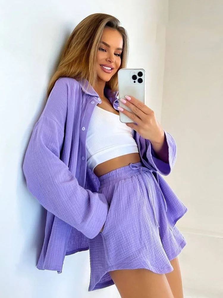 Colorful Plus Size Loose Cnady Color Two Piece Short Set Bouse+Wide Leg Shorts Summer Spring New Two Piece Shorts Set