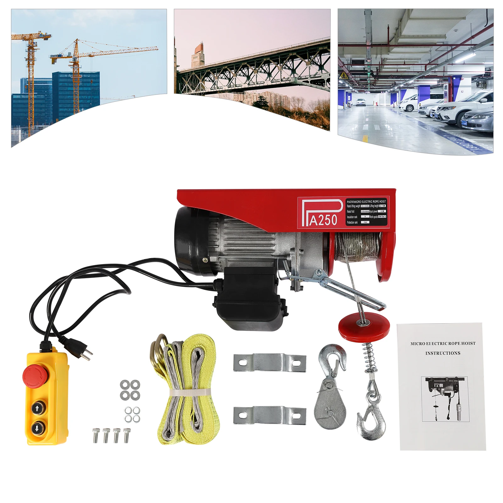 Wciągarka elektryczna o dużej mocy, pojedynczy sznur 275 funtów, podwójny sznur 551 funtów, konstrukcja ze stali węglowej, bezpieczny hak antyprzeciążeniowy