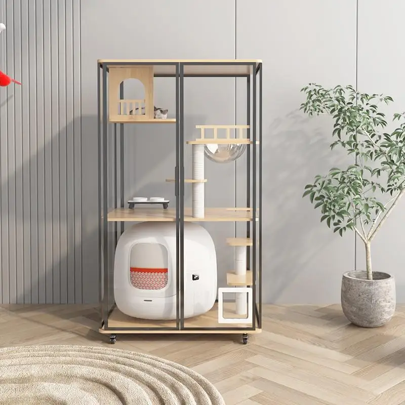 Caja de arena automática, casa en T de madera maciza de vidrio de lujo, sala de gatos, villa en T, gabinete doméstico panorámico transparente