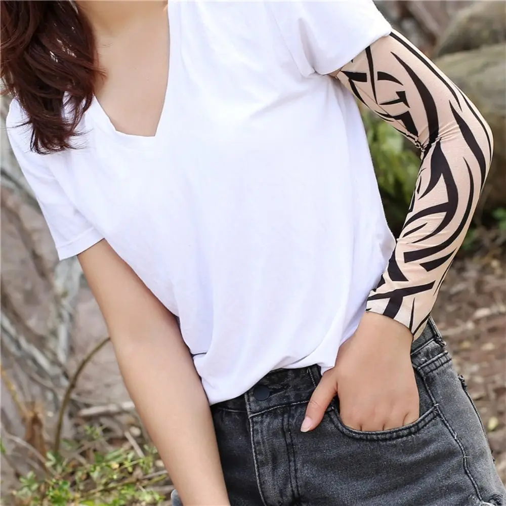 UV Protection Flower Arm Tattoo Sleeve Sunscreen Seamless Men Sunscreen Sleeve Breathable Elastic Sun Protection Cover Riding