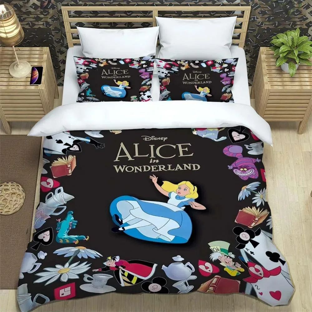 Alice in Wonderland Bedding Set Cartoon 3 Pieces Set Bed Set King Size Pillowcase Kid Adult Bed Cover Bedroom Bed Set