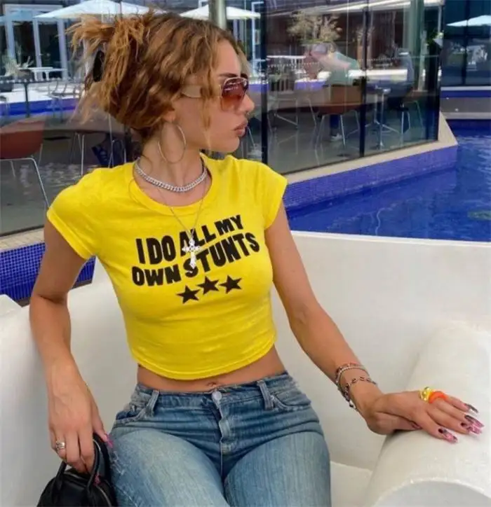 Women's ort Crop Top T-irt Cotton round Ne Printed Street Sle Faionable And Comfortable Casual ort Sve Tee