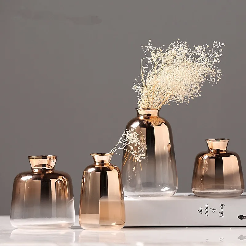 1pc Hohe Qualität vergoldete Glas Vase Haushalt Hotel Dekoration Blume Halter Tisch Desktop Ornamente