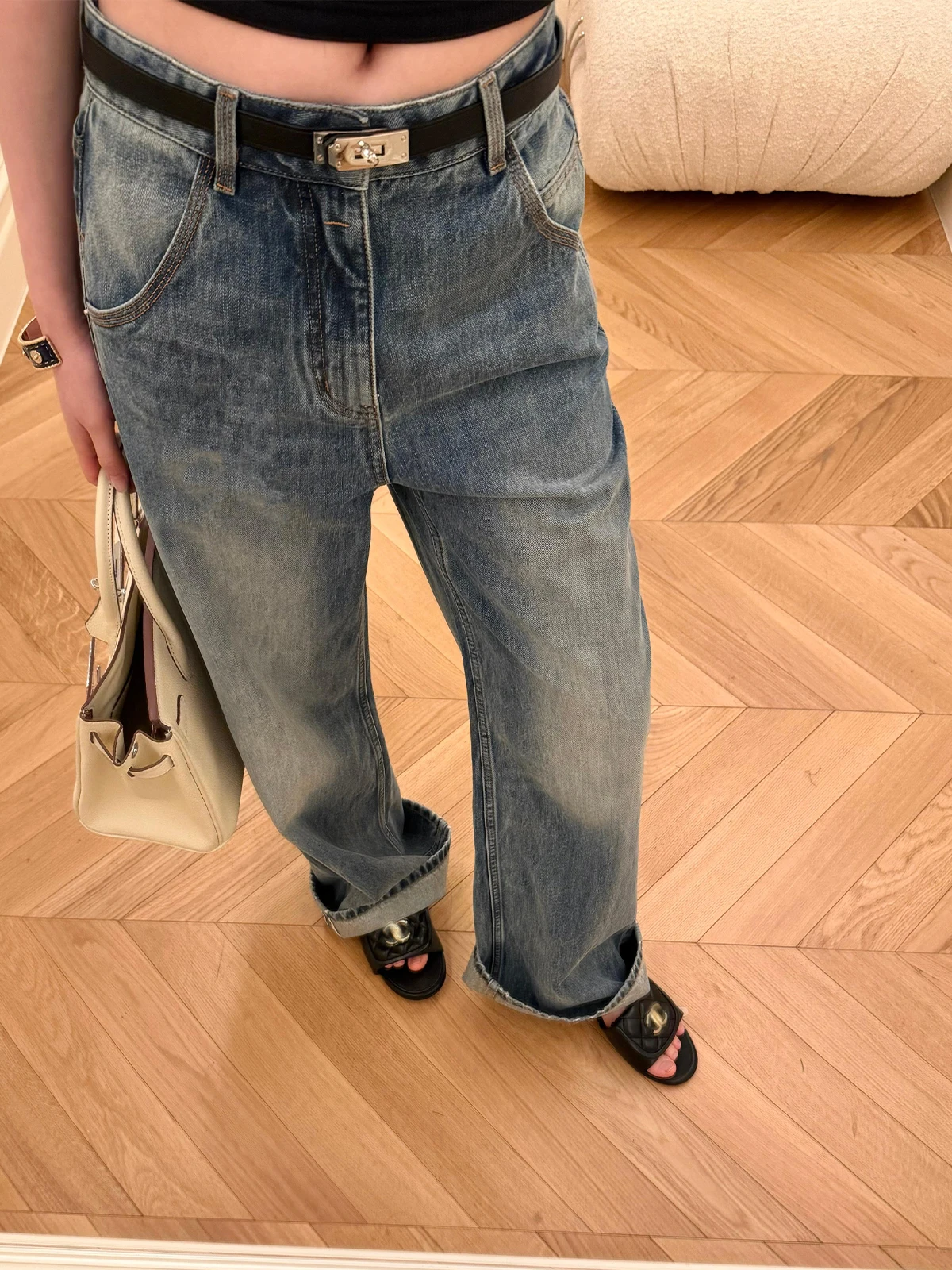 

Женские джинсы с высокой талией, прямые, из хлопкового денима, повседневные, для города, высокого качества, с красной кромкой, синие, свободного кроя