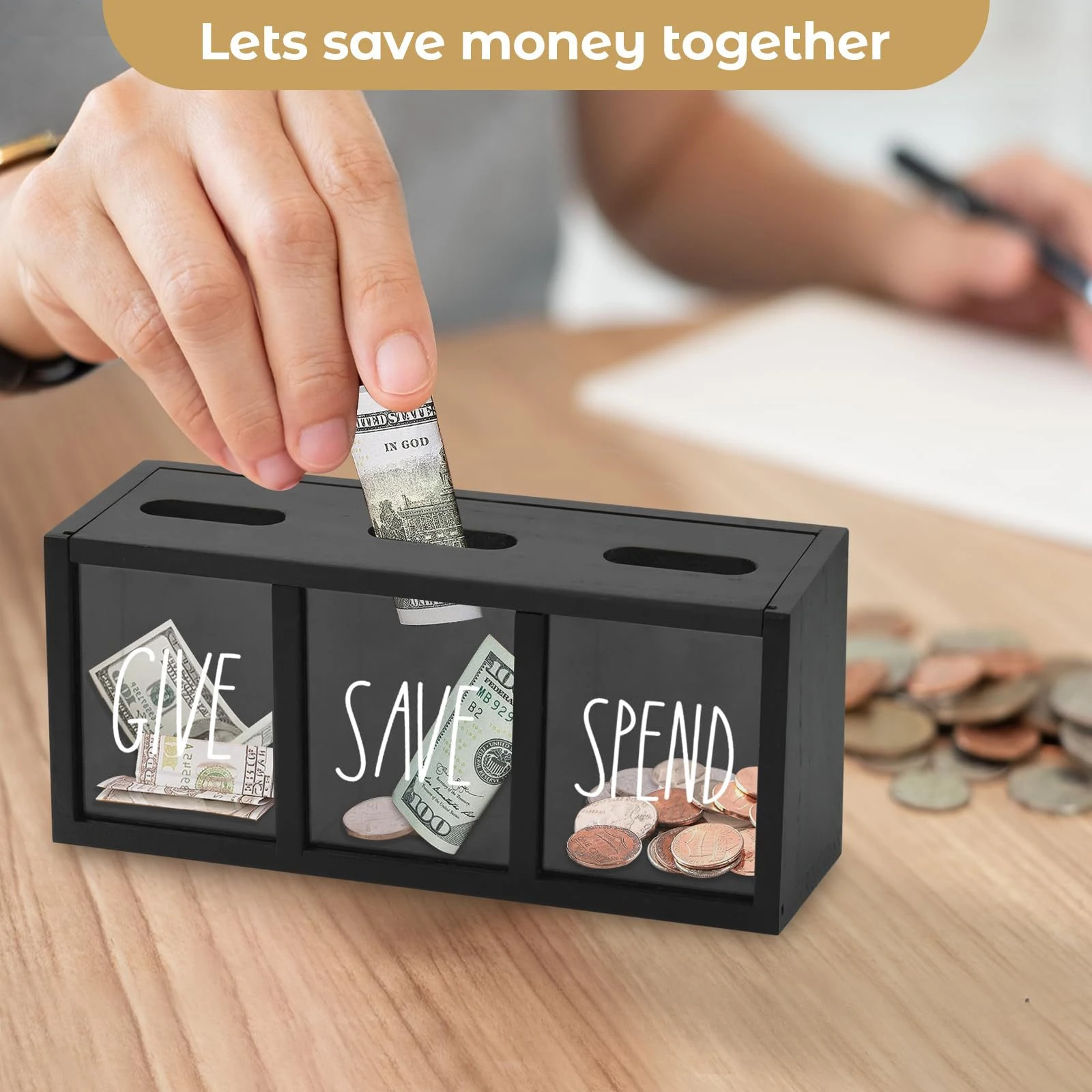 Wooden Give Save Spend Money Saving Box for Kids, Countertop Kid Piggy Bank for Daily Cash, Wall-Mount Kids Bank