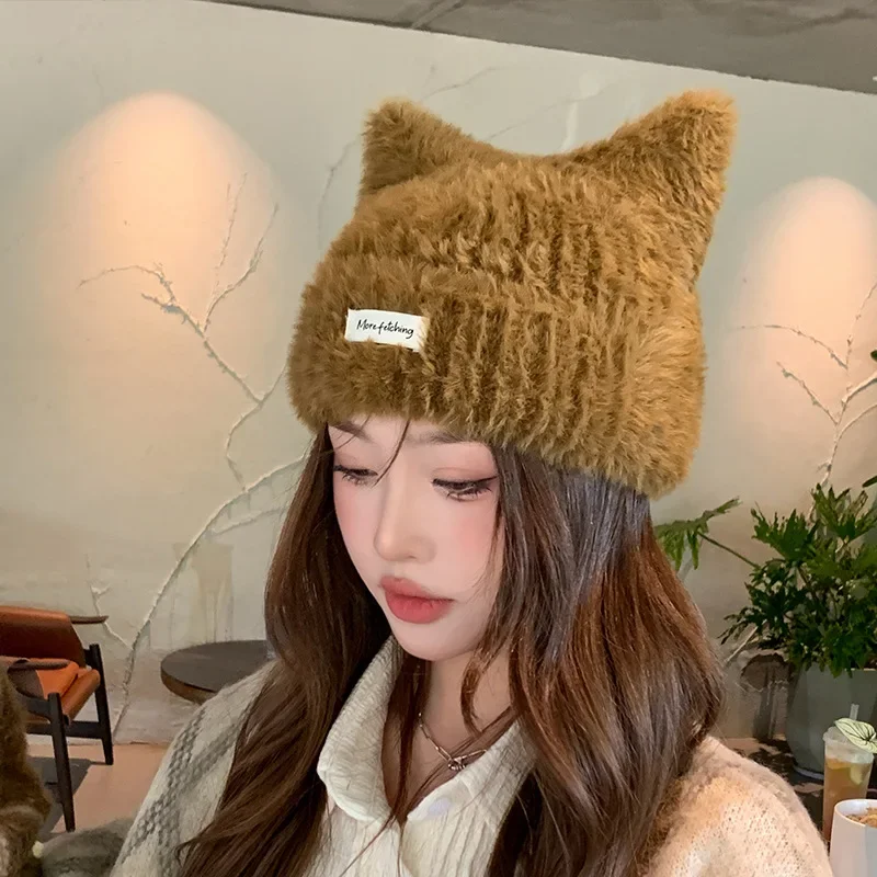 Autumn Winter New Plush Knitted Beanie Hat Cute Cat Ear Cover Versatile Ear Protector Women Cold Hat Showing Face Small Wool Hat