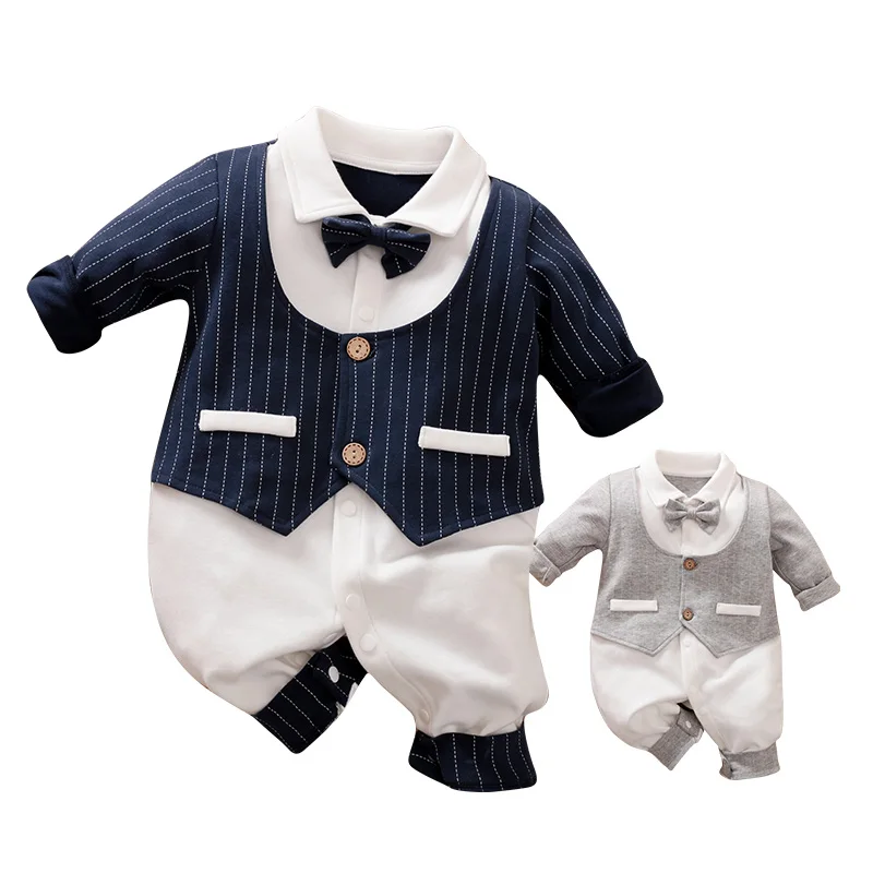 Spring and Autumn Newborn Stripe Suit Fake Two Piece Formal Set Long sleeved Pure Cotton Bow Gentleman Set