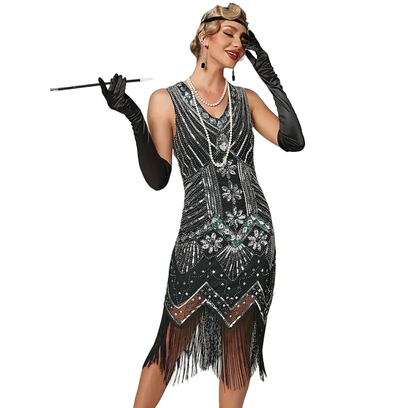 Vintage Women 1920s Flapper Dress V Neck Beaded Fringed Gatsby Theme Roaring 20s Dress for Prom Sexy Cocktail Party Dress