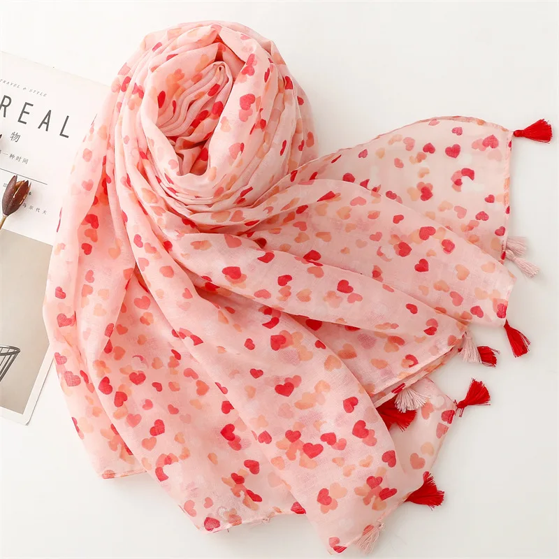 Pink heart-shaped print scarfs luxury brand designer sweet neck scarves woman printed hijab Korean women's beach cape