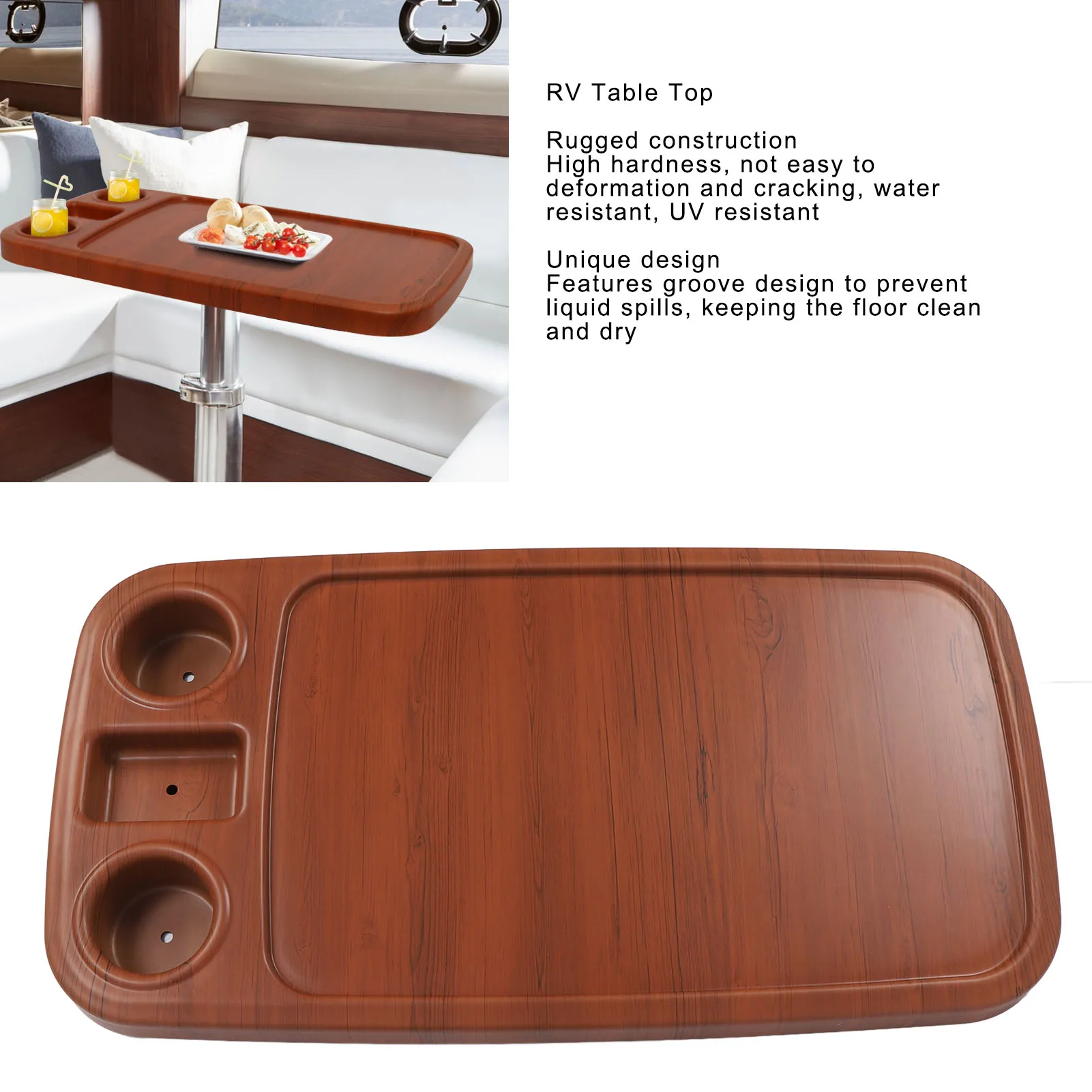 سطح طاولة RV مع 2 حامل أكواب 34.25 × 18.31 بوصة لوحة طاولة مستطيلة من الخشب والحبوب لمركبة تخييم اليخوت البحرية #1