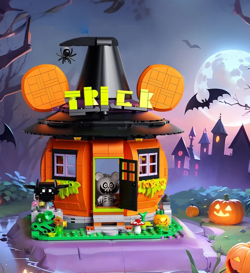 

Mini Building Block The Treasure Bear Pumpkin House Halloween Haunted House Pumpkin Car Assembling Toy Gift for Children