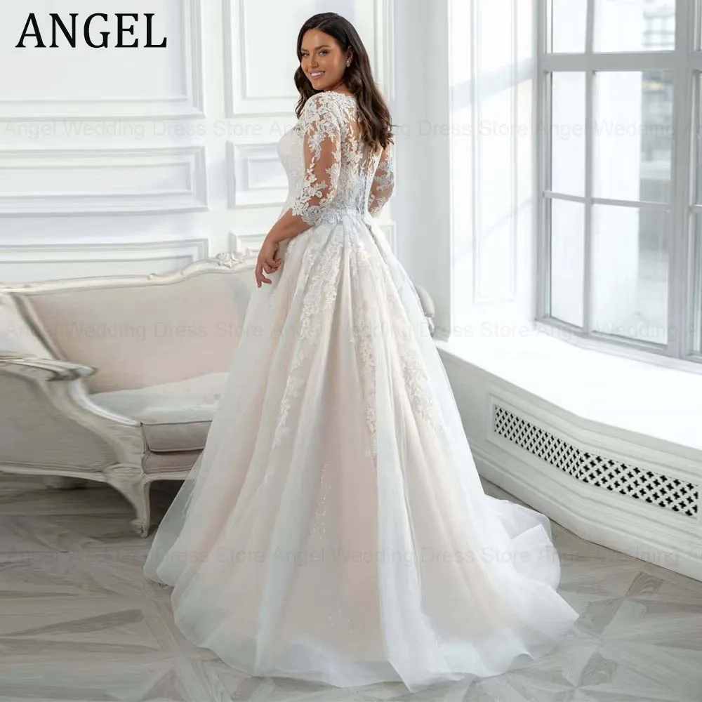 ANGEL Customized Charming Plus Size Wedding Dresses 2026 A-Line Scoop Appliues 3/4 Sleeves Tulle Bridal Gowns Vestidos De Noiva