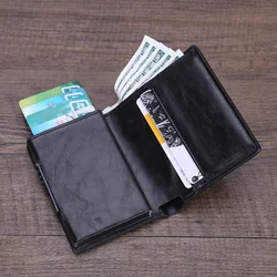 Men Wallets Vintage Crazy Horse PU Leather Card Holders Luxury RFID Mini Metal Wallet Pocket Women Purse for Men Slim Samll Case