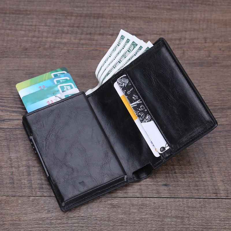 Portfele męskie Vintage ze skóry PU Crazy Horse, luksusowe etui na karty RFID, mini metalowy portfel kieszonkowy, damska portmonetka dla mężczyzn, smukłe małe etui.