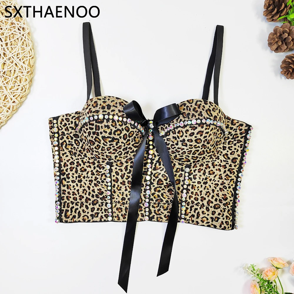 

SXTHAENOO Y2K Crop Top Multicoloured Rhinestones Shiny Corset Bra Leopard Bowknot Women Party Runway Show Bustier Ropa De Mujer