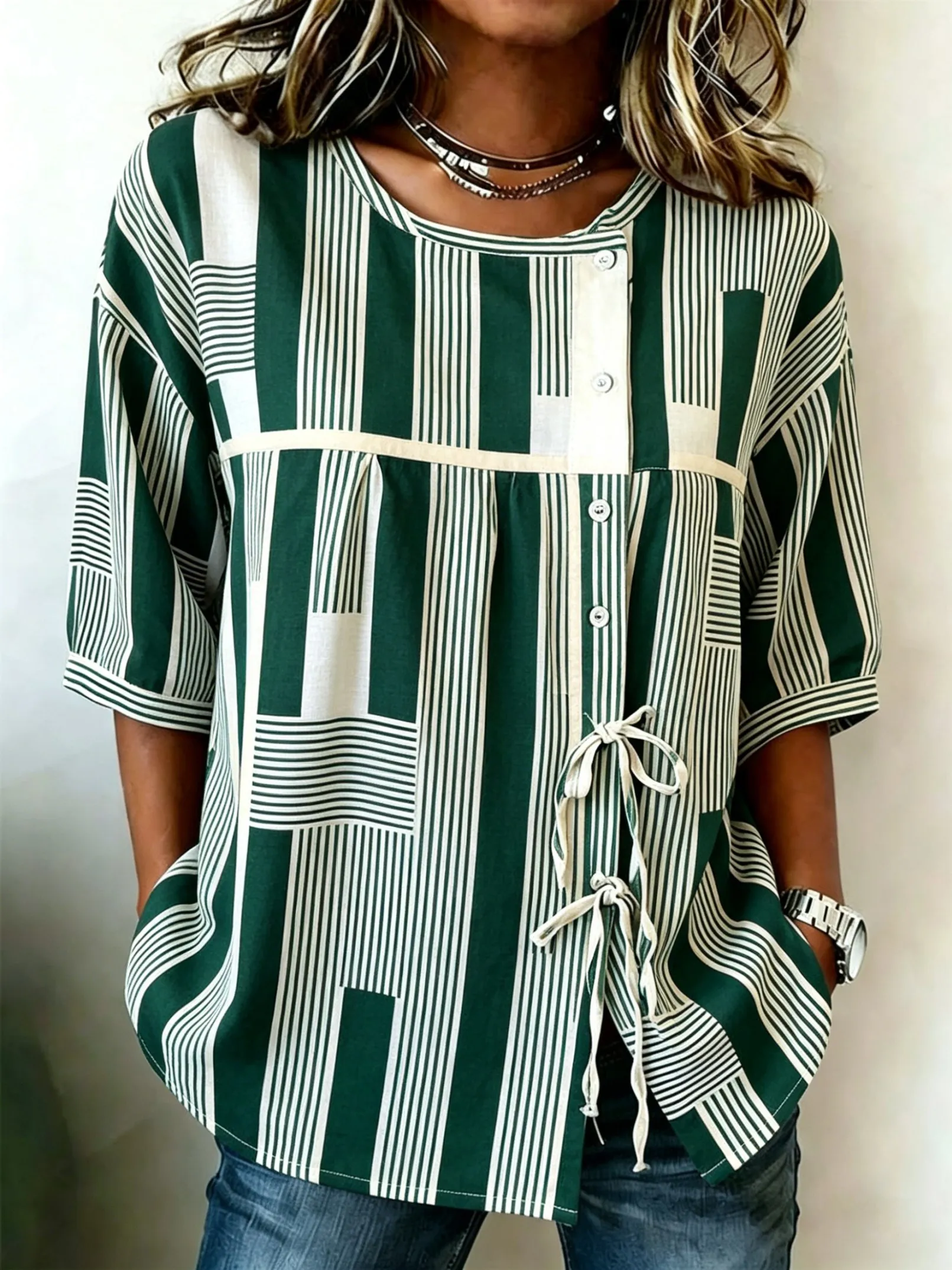

Women's Green & White Stripe Print Button & Tie Front Blouse, Casual Stylish Top for Spring Summer Daily & Versatile Wear