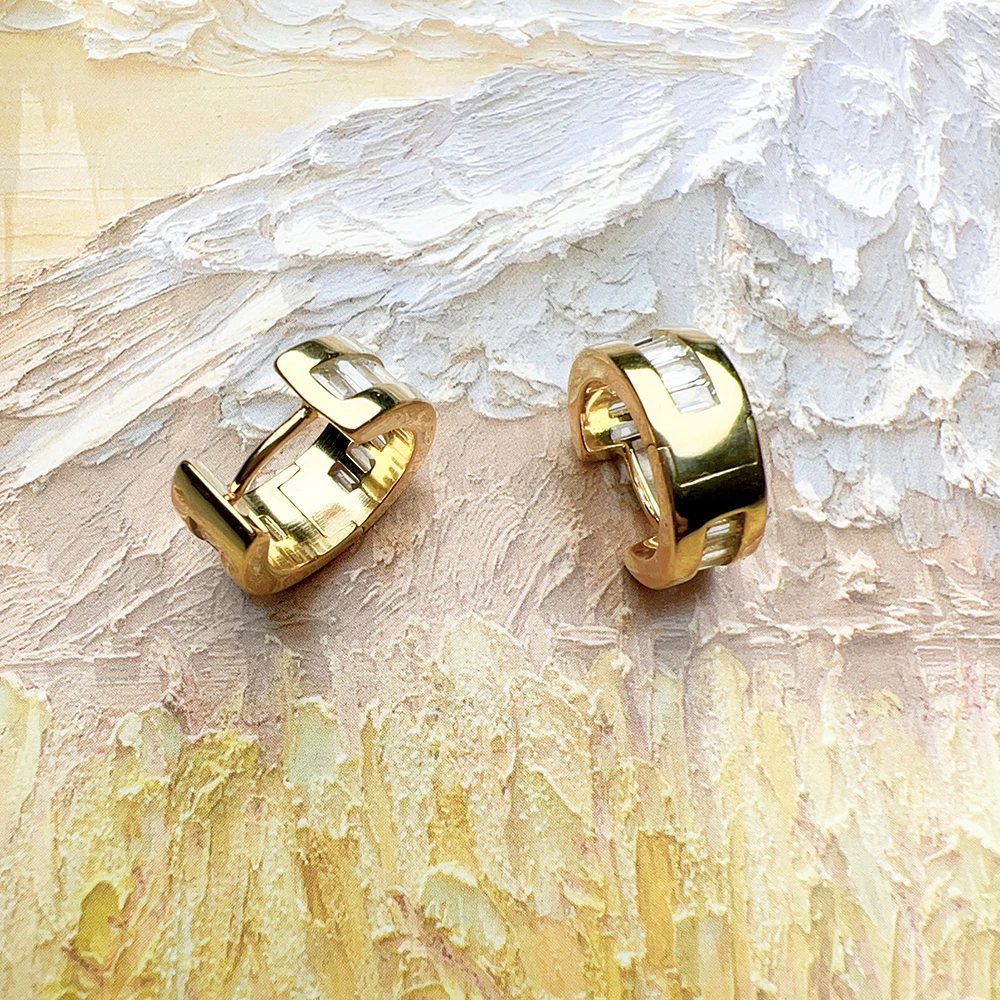 Golden Creole Hinged Hoop Earrings White Stone Europe Style Elegant Fine Jewerly For Women Gift In 925 Sterling Silver