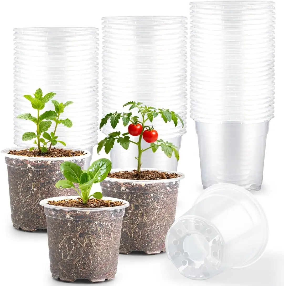 

200 Pack 4 Inch Clear Plant pots with Drainage Holes, Transparent Nursery Seeding Pots, Flexile Seeds Starter Pots, Seed