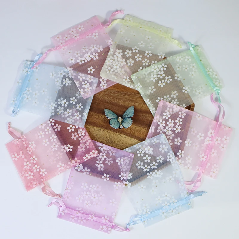10Pcs/lot 9x12cm10x15cm13×18cm15×20cm Flower-patterned gauze bags Floral Drawstring Organza Gift Pouches Customize Your Logo