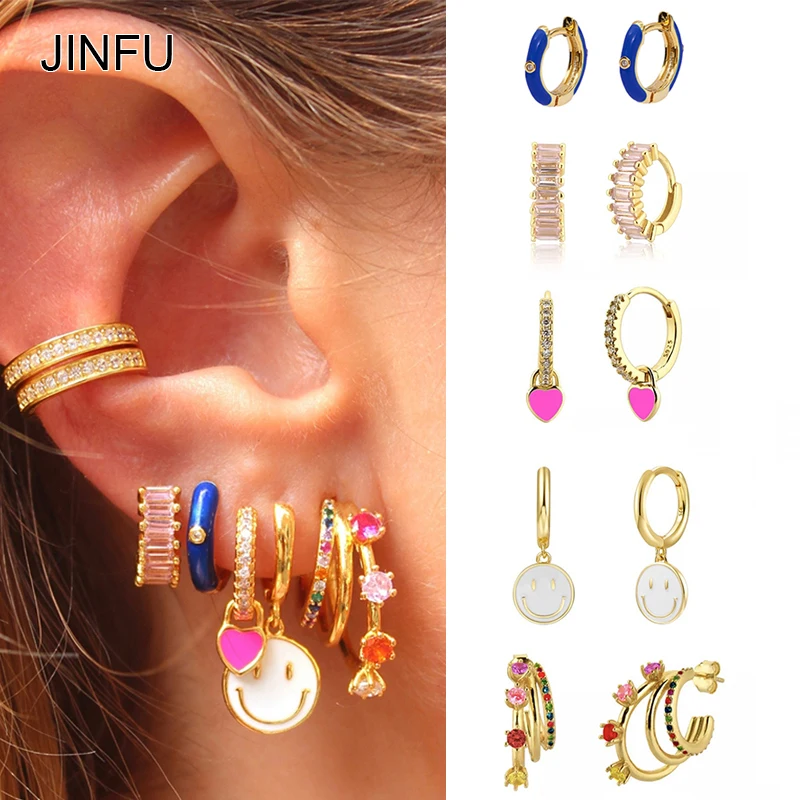 JINFU Gold Plated Drop Hoop Earrings For Women Color Dripping Oil Heart Smile Dangle Earrings 2022 Women Jewelry Wholesale