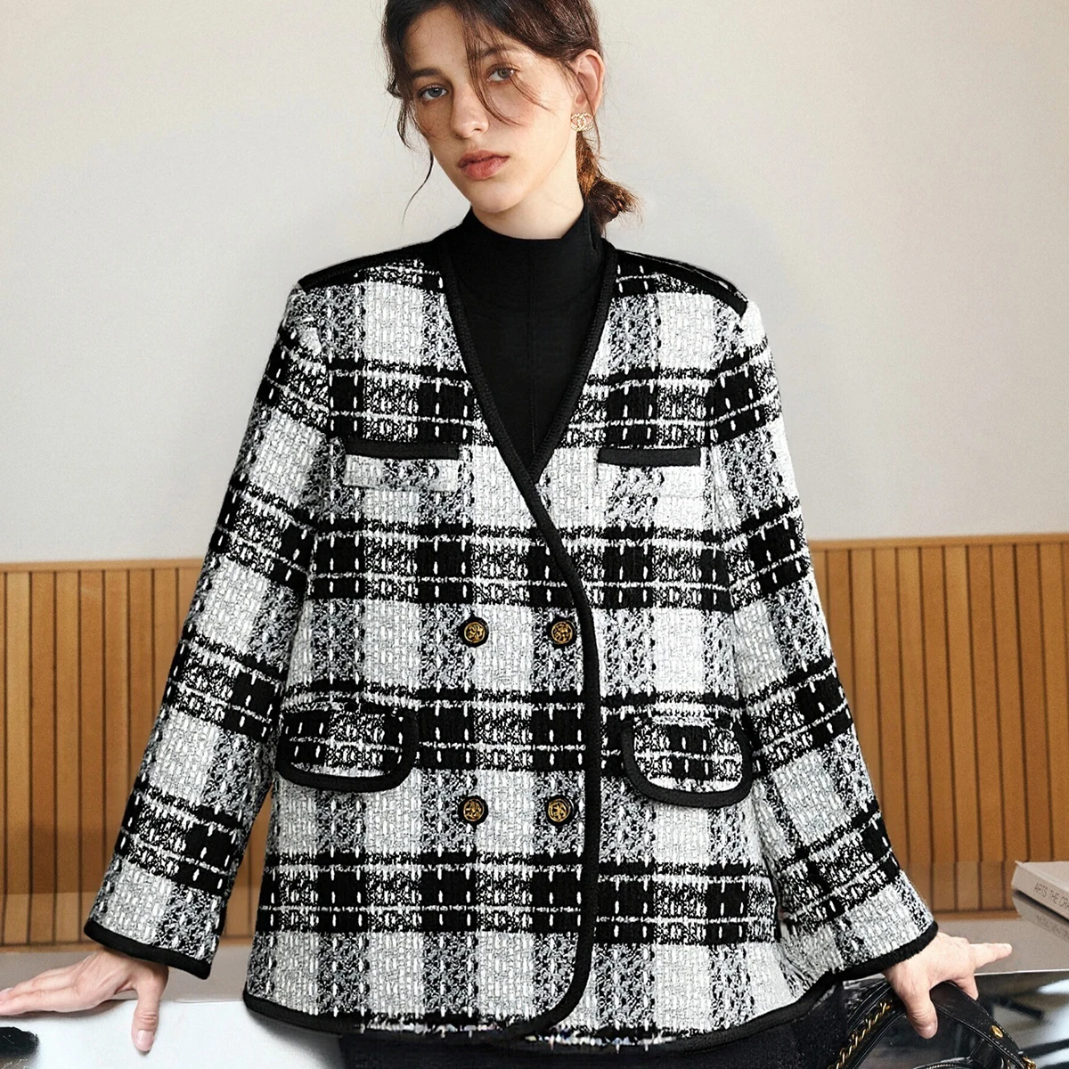 OLrain femmes mélanges vestes 2025 automne nouveau en hiver col en v manteaux élégant trajet ample Plaid vêtements d'extérieur femme G23DN65988