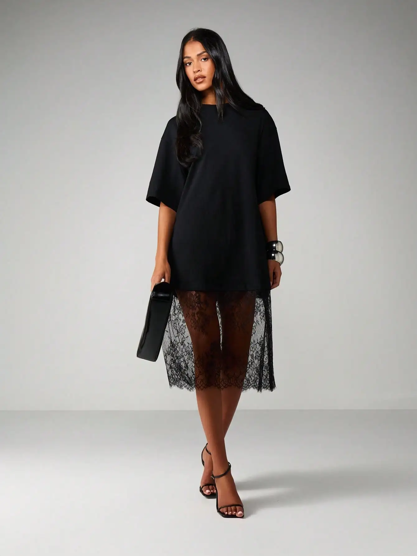 

Oversized Black T-Shirt Style Midi Dress with Sheer Lace Hem