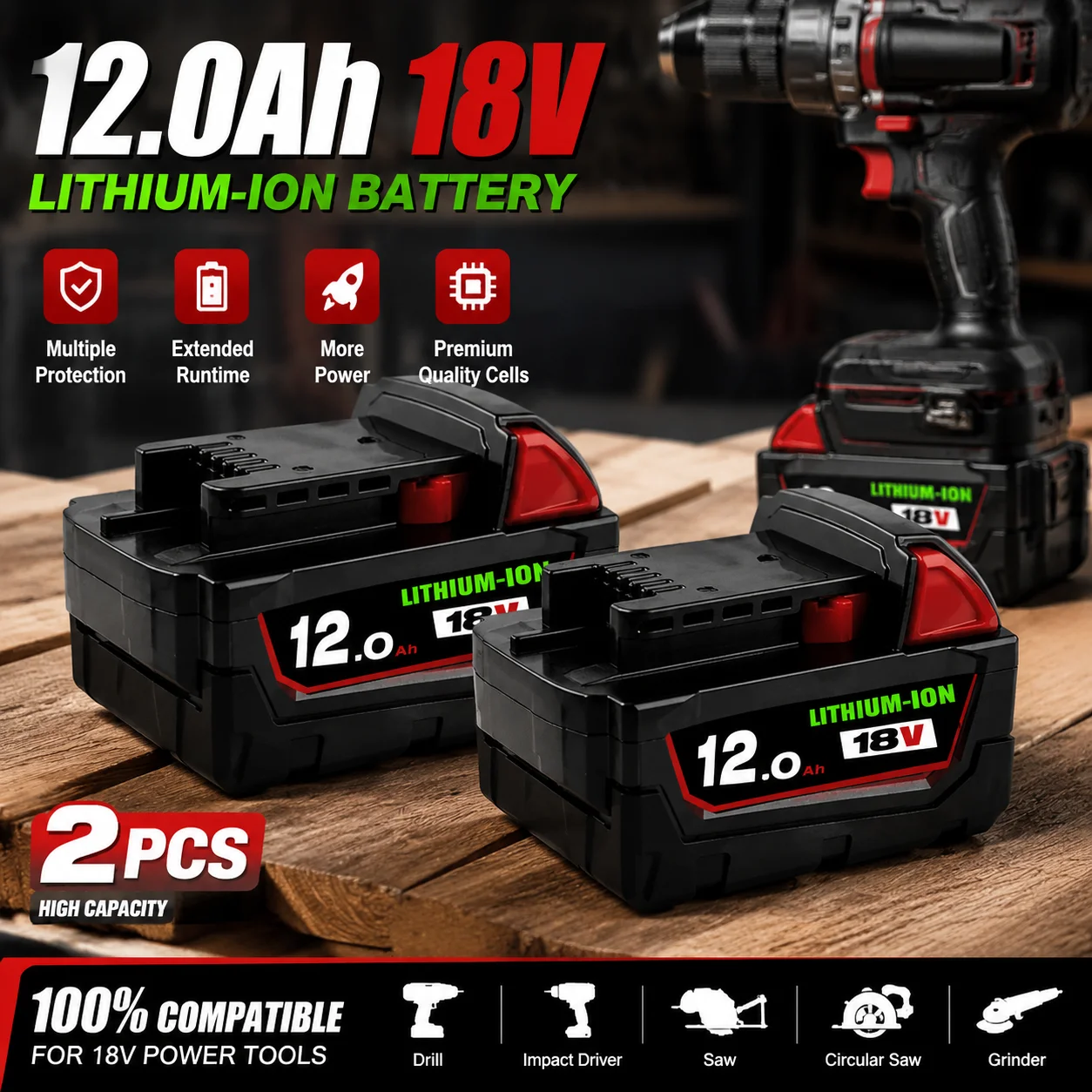

M18 Battery 12Ah For Milwaukee 18V XC Series 48-11-1860 48-11-1850 48-11-1840 Cordless Power Tool Battery