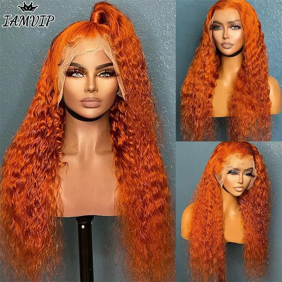 Peluca Frontal de encaje naranja jengibre, cabello humano rizado con frente de encaje, sin pegamento, onda profunda, 13x4, 13x6, Hd, a la venta